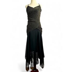 Vintage Y2K Dollar Gold Striped Asymmetric Handkerchief Hem Formal Dress Sz XS